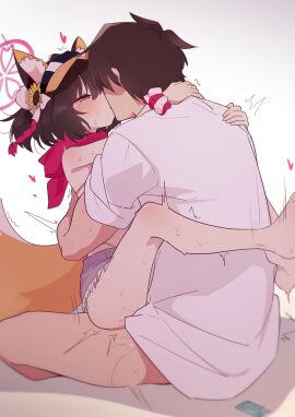 1boy 1girls absurdres age_difference blue_archive brown_hair commentary_request female flower gradient_background grey_background hair_flower hair_ornament halo highres izuna_(blue_archive) izuna_(swimsuit)_(blue_archive) kissing kissing_while_penetrated larger_male legs light-skinned_female light_skin male mature_male official_alternate_costume older_male older_penetrating_younger petite pussy red_halo red_scarf revision scarf sex shirt short_hair simple_background sitting size_difference smaller_female straight sunflower sunflower_hair_ornament suwakana sweat teenage_female teenager vaginal_penetration visor_cap white_shirt yellow_eyes younger_female