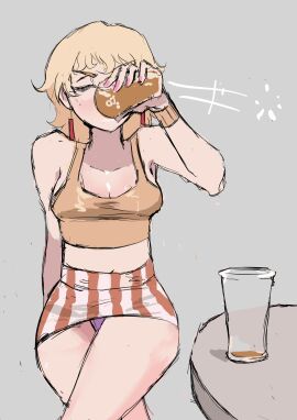 1girls alcohol bella_(biku) biku blonde_hair blush bracelet breasts cleavage closed_eyes crossed_legs drinking drinking_alcohol earrings eyes_closed female grey_background have_to_pee navel original panties pantyshot pink_nails purple_panties short_hair simple_background striped_clothing striped_skirt sweat underwear