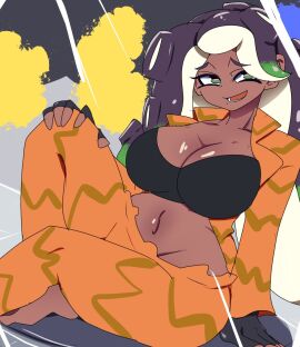 1girls barefoot black_bra black_gloves bra breasts chicken_rib cleavage female fingerless_gloves gloves jacket large_breasts long_hair looking_at_viewer marina_(side_order) marina_(splatoon) mole mole_under_mouth navel nintendo octoling octoling_girl open_jacket open_mouth orange_jacket solo solo_female solo_focus splatoon splatoon_(series) splatoon_3 splatoon_3:_side_order tent tentacle_hair tongue