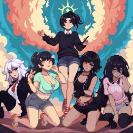 2020s 2023 5girls amber_eyes animated artist artist_self-insert asian_female belly_button belt big_breasts black_hair black_thighhighs blouse blue_eyes booty_shorts bouncing_breasts bow_panties breasts brown_eyes cleavage clouds collar crop_top drawing_pen ear_piercing female floating flower_in_hair glasses hair_clip hair_ornament harem headphones influencer jacket kana_fujisawa kari_kozhevnikova light-skinned_female light_skin long_hair looking_at_viewer looking_down messy_hair mp3_player nerd nerdy_female netsu_kazegawa no_pants on_knees panties peace_sign pixel_animation pixel_art ponytail purple_eyes red_eyes sandals satomi_(yumyverse) scientist short_hair shorts sitting skirt sneakers sticking_out_tongue suit suit_and_tie sun swaying_hips sweater tanned_female thighhighs tomboy white_hair wristwear yumy_(yumyverse) yumykon yumyverse