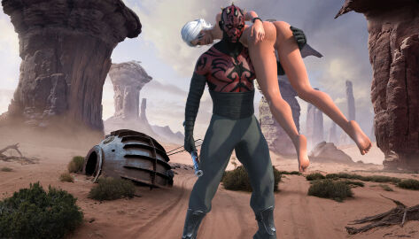 3d anus ass ass_grab captured captured_heroine carrying carrying_another cd_projekt_red ciri completely_nude crossover darth_maul feet female garos green_eyes light-skinned_female light_skin mascara nude over_the_shoulder pussy scar shoulder_carry star_wars the_witcher_(series) the_witcher_3:_wild_hunt white_hair