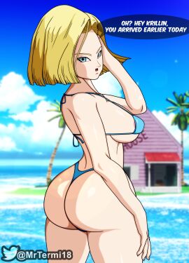 1girls 3d android_18 areola areola_slip areolae areolae_slip artist_name ass ass_focus beach big_ass big_breasts big_butt bikini bikini_bottom bikini_top blonde blonde-haired_female blonde_female blonde_hair blue-eyed_female blue_bikini blue_bikini_bottom blue_bikini_only blue_bikini_top blue_eyes bob_cut breasts dragon_ball dragon_ball_fighterz dragon_ball_super dragon_ball_z eyelashes female female_only kame_house krillin kuririn light-skinned_female light_skin looking_at_viewer looking_back medium_hair mrtermida nipple_slip ocean sea solo solo_female solo_focus tagme tree water watermark