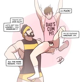 2boys alternate_version_at_source alternate_version_available blush bottomless chastity chastity_cage chastity_device dan_draws_boys deep_fisting dialogue english_text exercise fisting gay jock jock_slut male male/male male_only older_male older_penetrating_younger sexercise short_shorts tagme text yaoi