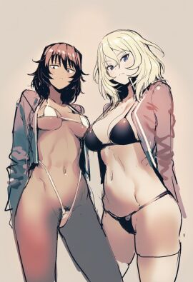 2girls andou_(girls_und_panzer) bikini blonde-haired_female blonde_female blonde_hair blonde_hair_female blue_eyes brunette brunette_hair female female/female girls_und_panzer kobayashi3biker multiple_females multiple_girls oshida_(girls_und_panzer) pubic_hair pubic_hair_peek tagme tanned tanned_body tanned_female tanned_skin tomboy
