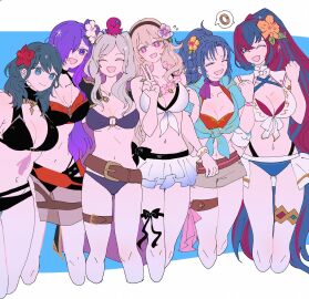 6+girls alear_(female)_(seaside_dragon)_(fire_emblem) alear_(fire_emblem) alear_(fire_emblem)_(female) alternate_costume alternate_hairstyle ass_visible_through_thighs bikini black_bikini black_swimsuit blue_bikini blue_swimsuit breasts byleth_(fire_emblem) byleth_(fire_emblem)_(female) cleavage corrin_(fire_emblem) corrin_(fire_emblem)_(female) criss-cross_halter crossed_bangs female female_only fire_emblem fire_emblem:_mystery_of_the_emblem fire_emblem:_new_mystery_of_the_emblem fire_emblem:_three_houses fire_emblem_awakening fire_emblem_engage fire_emblem_fates fire_emblem_heroes fire_emblem_warriors:_three_hopes flower hair_flower hair_ornament hair_over_one_eye halterneck hibiscus highres kris_(fire_emblem) kris_(fire_emblem)_(female) large_breasts long_hair medium_breasts multicolored_bikini multicolored_clothes multicolored_hair multicolored_swimsuit multiple_females multiple_girls navel nintendo official_alternate_costume official_alternate_hairstyle purple_bikini purple_eyes purple_hair purple_swimsuit red_bikini red_swimsuit robin_(fire_emblem) robin_(fire_emblem)_(female) sasaki_(dkenpisss) shez_(fire_emblem) shez_(fire_emblem)_(female) shorts split-color_hair stomach swimsuit take_your_pick trait_connection underboob white_bikini white_swimsuit