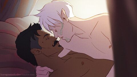 2boys animated animation arm_around_neck beauty_mark dark-skinned_male dark_hair dark_skin dorian_pavus dragon_age dragon_age_inquisition duo elf elf_ears elf_male facial_hair fael_lavellan gay gay_male gif human inquisitor_(dragon_age) kissing kurogoesinthedas light-skinned_male light_skin lying lying_down lying_on_back mage male male/male male_only mole muscles muscular muscular_male mustache nipples on_bed pecs romantic shirtless video_games white_hair yaoi