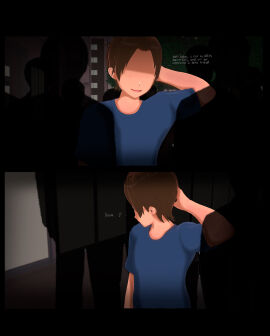 1boy 3d absurd_res absurdres background_character black_hair blue_eyes cheating cheating_girlfriend clueless cuckold dialogue english_text female hand_on_head hi_res high_resolution highres male netorare ntr original silhouette text twintails vyrus_smith