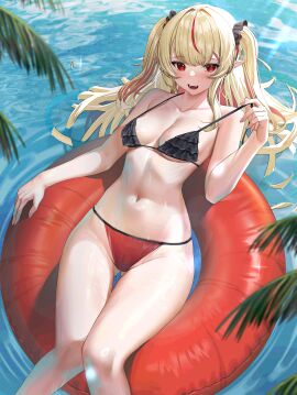 1girls 2d 2d_(artwork) alternate_costume belly_button bikini bikini_bottom bikini_top black_bikini_top blonde_hair bra breasts day eternals_(idol_corp) female female_focus female_only high_resolution highres idol_corp idol_es latam_virtual_youtuber light-skinned_female light_skin looking_at_viewer lp0000 outdoors pigtails red_eyes ruby_runeheart slim_female small_breasts smiling smiling_at_viewer solo solo_female solo_focus summer swimsuit thong thong_bikini two_piece_swimsuit virtual_youtuber vtuber vtuberfanart water young younger_female