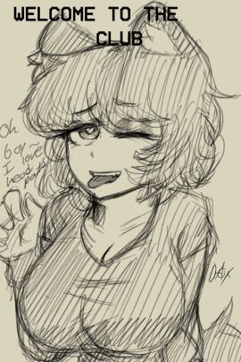 big_breasts breasts english_text eye_closed female female_only fluffy_hair heart-shaped_pupils rose_dax rosededax shirt tongue tongue_out wagging_tail wolf_ears wolf_girl