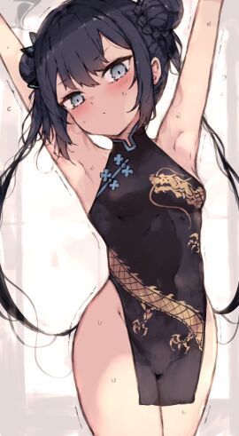 armpits arms_up bare_shoulders black_hair blue_archive breasts chinese_clothes female kisaki_(blue_archive) long_hair petite petite_body petite_breasts petite_female plastic_night_q simple_background small_breasts smaller_female solo solo_female stretching sweat sweatdrop sweating