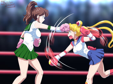 2d 2girls big_breasts bishoujo_senshi_sailor_moon boxing boxing_gloves boxing_match boxing_ring breasts butcherstudios catfight clothing color female female_only full_color gloves makoto_kino multiple_females multiple_girls open_mouth pink_boxing_gloves pink_gloves red_boxing_gloves red_gloves sailor_jupiter sailor_moon skirt usagi_tsukino