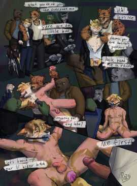 anal anal_sex anthro anus artificial_vagina artificial_vagina_insertion balls bear biker blush bodily_fluids bottomwear bound canid canine canis cheetah closed_eyes clothed clothing crying dialogue digital_media_(artwork) english_text erection felid feline female flaccid fleshlight footwear foreskin fox fur gag gagged gay_to_straight_adapter genitals group hair hi_res humanoid_genitalia humanoid_penis humiliation imminent_rape imminent_sex jacket lizard lying male male/male male_penetrated mammal motor_oil motorcycle nude oil oiled on_back open_mouth pants penetrable_sex_toy penetrable_sex_toy_in_ass penetrable_sex_toy_insertion penetration penis pussy razor reptile rozgi scalie sex_toy shaved_fur shaved_pussy shaving shirt smile speech_bubble spread_legs spreading tail tank_top tears teeth text tight_foreskin tools topwear uncircumcised undressing undressing_another vehicle vein veiny_penis wolf