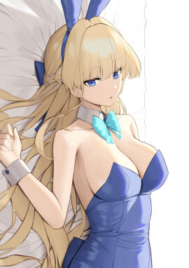 absurd_res absurdres animal_ears aqua_bow aqua_bowtie bare_armpits bare_arms bare_chest bare_hands bare_shoulders bare_skin blonde-haired_female blonde_female blonde_hair blue-eyed_female blue_archive blue_bowtie blue_bunny_ears blue_eyes blue_hair_ribbon blue_hairband blue_leotard blue_ribbon bow bowtie braid breasts bunny_ears bunny_girl bunnysuit cleaning_&_clearing_(blue_archive) cleavage collar collarbone detached_collar fake_animal_ears female hair_ribbon hairband high_resolution highres large_breasts leotard long_hair looking_at_viewer lordol lying millennium_science_school_student nipple_bulge official_alternate_costume on_back parted_lips playboy_bunny rabbit_ears ribbon sideboob slender_body slender_waist slim_female slim_waist solo strapless strapless_leotard thin_waist toki_(blue_archive) toki_(bunny)_(blue_archive) white_collar white_wrist_cuffs wrist_cuffs