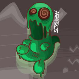 bfad gdasher geometry_dash geometry_dash_(change_of_scene) ghost goo_(disambiguation) goo_creature green_body male non-human penis presenting presenting_penis simple_background spiral_eyes sweatdrop toony