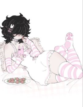 black_hair blush cat_thighhighs eating femboy hair_covering_eyes male phone_in_hand pillow pink_collar pink_dress qtsin strawberries unknown_character