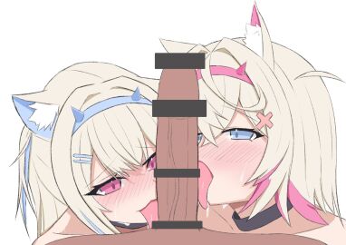 1boy 2girls bar_censor blonde_hair blue_eyes blush censor_bar censored censored_penis collaborative_fellatio dark-skinned_male dark_skin dog_ears dog_girl fellatio female fuwamoco fuwawa_abyssgard hololive hololive_english hololive_english_-advent- licking licking_penis light-skinned_female light_skin male male/female mococo_abyssgard multiple_females multiple_girls oral oral_sex penis pink_eyes sisters teamwork tongue tongue_out unseen_male_face virtual_youtuber