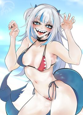 1girls ass big_ass blue_eyes breasts cute_expression doll_dol1 female female_only fish gawr_gura hololive hololive_english hololive_myth looking_at_viewer shark_girl shark_humanoid shark_tail sharp_teeth smile smiling swimsuit thighs tongue tongue_out twintails virtual_youtuber white_hair
