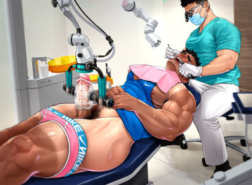 2boys artisticjinsky balls bara black_hair bulge erection erection_under_clothes gay gay_male highres large_pectorals male male_focus male_underwear male_underwear_pull multiple_boys multiple_males muscular muscular_male nike_(company) nipples open_mouth original pants pectorals penis penis_milking penis_milking_machine short_hair sportswear testicles thick_thighs thighs underwear vibrator vibrator_on_penis yaoi