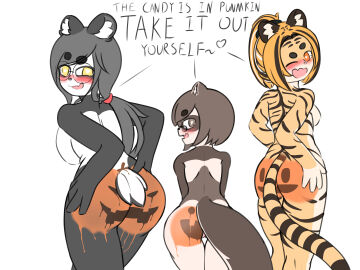 absurd_res aroused ass bear big_ass big_butt big_tail black_body black_hair blonde_hair bodypaint brown_body brown_hair cjk_character eyewear felid female giant_panda glasses group hair halloween hi_res holidays jack-o'-lantern joupulee054 mammal mature_female one_eye_closed pantherine pumpkin_butt rear_view small_tail tail tiger trio wearing_glasses wink yellow_body