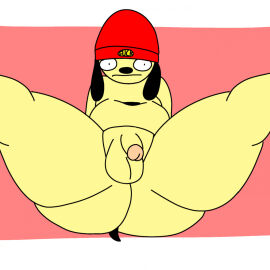 1boy black_ears domestic_dog furry genitals looking_at_viewer male male_only parappa parappa_the_rapper redsheep sony_interactive_entertainment spread_legs spreading swear text thick thick_legs thick_thighs toque