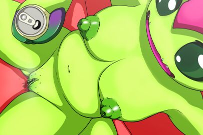 absurd_res anthro bandai_namco beverage_can big_breasts breasts camel_toe cameltoe casual_nudity digimon digimon_(species) drinking_beer elemental_creature female female_focus first_person_view flora_fauna genitals green_body hi_res navel nipples nude nude_female palmon plant pussy sitting skimpy_underwear slightly_chubby slightly_chubby_anthro slightly_chubby_female vulapa