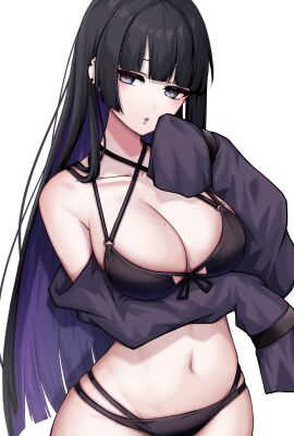 absurdres bare_shoulders bikini black_bikini black_hair black_sleeves blue_eyes blunt_bangs bocchi_the_rock! breast_hold breasts cleavage collarbone colored_inner_hair cowboy_shot criss-cross_halter detached_sleeves ear_piercing female front-tie_top halterneck hand_up highres kushinaka labret_piercing large_breasts long_hair long_sleeves looking_at_viewer mole mole_on_breast mouth_piercing multi-strapped_bikini_bottom multi-strapped_bikini_top multicolored_hair navel o-ring o-ring_bikini o-ring_top open_mouth pa-san piercing simple_background skindentation sleeves_past_fingers sleeves_past_wrists solo stomach string_bikini swimsuit very_long_hair white_background