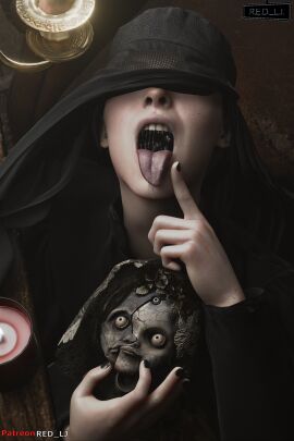 1girls 3d angie_(resident_evil) black_hair blender_(software) covered_face doll donna_beneviento female open_mouth oral_invitation red_lj resident_evil resident_evil_8:_village saliva saliva_on_tongue veil