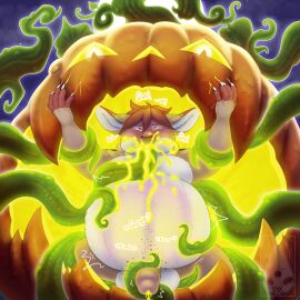 anthro bared_teeth belly big_belly curse cursed dreamydraemon dripping enlarged erection festive filled_belly filled_to_the_brim food fruit full_moon glowing glowing_body glowing_eyes gushing halloween hi_res holidays huge_belly inflated_belly inflation jack-o'-lantern lagomorph lazerus101 leporid magic male mammal moon mouth_full night overflow overweight overweight_male pinup plant pose puffed_cheeks pumpkin rabbit restrained_by_vines slime spill vein vines vines_in_mouth