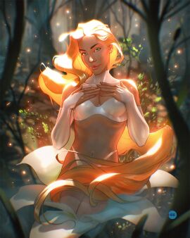 1girls blonde_female blonde_hair breasts cleavage covering_breasts female female_only flower forest green_eyes hair_censor hands_on_breasts hardbrush human light-skinned_female light_skin looking_at_viewer medium_breasts mercedes_valentine navel panties real_person solo solo_female very_long_hair