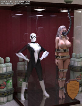 1girls 3d areola areolae black_cat_(marvel) bound bound_arms bound_legs completely_naked completely_nude felicia_hardy female mannequin marvel marvel_comics nude nude_female spider-man_(series) thejpeger trophy_case white_hair