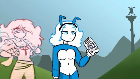 2girls bunny_ears cyan_(overly_sarcastic_productions) female indigo_(overly_sarcastic_productions) multiple_females multiple_girls overly_sarcastic_productions red_(overly_sarcastic_productions) reverse_bunnysuit tagme white-skinned_female