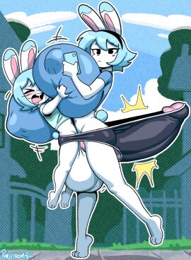 angstrom anthro balls blue_hair blue_shirt blush boner boner_under_clothes booty_shorts breasts breasts_bigger_than_head brother brother_and_sister bulge bulge_through_clothing bunny bunny_ears bunny_tail closed_eyes clothed clothed_sex clothing clothing_lift drooling erection_under_clothes erection_under_clothing female grabbing grabbing_breasts hyper_balls hyper_breasts hyper_penis incest lagomorph male marco_(angstrom) molly_(angstrom) nipple_bulge older_female older_sister on_phone original penis penis_between_thighs phone pouting rabbit reluctant sharing_clothes siblings small_but_hung smothering sweat sweatdrop tail tenting top_heavy uninterested walking whining white_body white_fur younger_brother younger_male