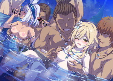 2girls 5boys bare_shoulders bikini blonde_hair blue_hair blue_one-piece_swimsuit blush body_markings braid breasts censored closed_eyes clothes_pull double_handjob erection feather_hair_ornament feathers fellatio female flower genshin_impact grabbing_another's_breast groping group_sex hair_flower hair_ornament hairband handjob large_breasts light_blue_hair long_hair low_twin_braids lumine_(genshin_impact) lumine_(hot_springs)_(genshin_impact) male marugoshi_(54burger) medium_breasts medium_hair mixed-sex_bathing mualani_(genshin_impact) mualani_(hot_springs)_(genshin_impact) multiple_boys multiple_females multiple_girls multiple_males nipple_stimulation nipple_tweak nipples one-piece_swimsuit one_eye_closed onsen open_mouth oral orgy penis ponytail shared_bathing short_hair sidelocks smile straight swimsuit tan thighs twin_braids two-tone_swimsuit water white_bikini white_hair white_one-piece_swimsuit yellow_eyes