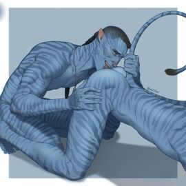 2boys alien alien_only anilingus anilingus_from_male avatar avatar:_the_way_of_water blue_skin color colored enjoying gay gay_anilingus gay_sex jake_sully jay23art long_hair male male/male male_only miles_quaritch na'vi non-human non-human_only uncensored villain_on_hero