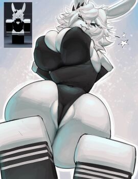 1girls absurd_res anthro armwear ass big_ass big_breasts big_butt biped blocky_body breasts bunny_costume butt_from_the_front camel_toe cameltoe clothing costume cute female female_anthro genitals hands_behind_back hi_res humanoid_vulva keyhole_clothing lagomorph legwear leotard leporid mammal nipple_outline one_eye_closed plump_labia pussy pussy_floss rabbit reference_image roblox roblox_avatar robloxian solo squish standing thendyart thick_thighs thigh_gap thigh_highs thigh_squish vulva winking_at_viewer
