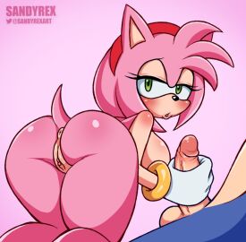 1boy 1girls amy_rose anthro anus ass balls blush bracelet breasts female furry gloves green_eyes half-closed_eyes handjob large_breasts looking_back male nude penis pink_hair pussy sandyrex sega sideboob solo_focus sonic_(series) sonic_the_hedgehog straight testicles white_gloves