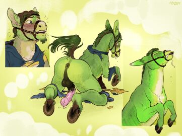 animal_genitalia animal_only anus aroused asinus ass blue_eyes bodily_fluids bridle clothing colored donkey equid equine equine_genitalia feral genitals green_body hi_res human human_to_feral jollyjersey male mammal panicking presenting presenting_hindquarters saliva solo species_transformation torn_clothing transformation