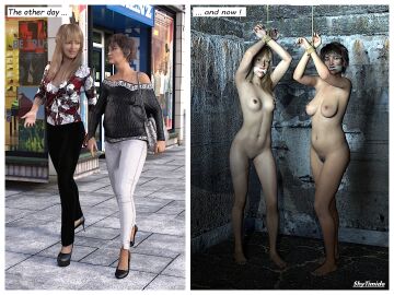 2girls 3d before_and_after blonde_hair bondage bound bound_wrists brown_hair cloth_gag completely_nude female female_only gag gagged nude nude_female original short_hair shytimide