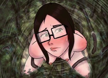 1girls africa animated blowbang bukkake caucasian_female crying cum_on_face dark-skinned_male dark_skin ellen_(pizzacakecomics) female glasses green_eyes liberia male mangroves multiple_penises nsxfdw penis tear_streaks