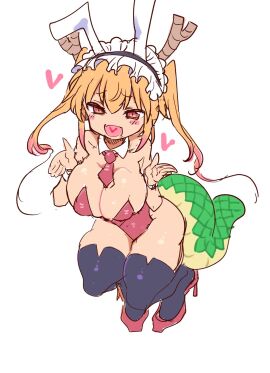 1girls big_breasts blonde_hair breasts bunny_ears bunnysuit cleavage cool-kyou_shinja dragon_girl dragon_horns dragon_tail female high_heels horns large_breasts miss_kobayashi's_dragon_maid solo tail thighhighs tohru_(dragon_maid) twintails