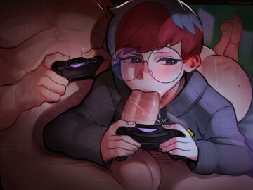 1boy 1girls androgynous androgynous_female ass big_penis black_eyes blowjob blowjob_while_gaming blue_hair blush breasts bubble_ass bubble_butt casual_blowjob casual_sex censored clothed_female_nude_male controller drool fellatio female fluffydango gamer_girl gaming gaming_while_penetrated gaming_while_penetrating glasses goth goth_girl hand_print_on_ass hi_res light-skinned_female light-skinned_male light_skin male mosaic_censoring multicolored_hair multitasking nerd nerdy_female nintendo oral penis penny_(pokemon) playing_videogame pokemon pokemon_sv red-haired_female red_and_blue_hair red_hair saliva saliva_drip saliva_on_penis saliva_trail sex_while_gaming short_hair spank_marks straight sweater tomboyish two-tone_hair unseen_male_face while_playing_videogame you