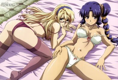 ass back bare_arms bare_back bare_belly bare_legs bare_shoulders bare_thighs bed bed_sheet belly_button big_breasts black_eyes blonde_hair blue_eyes blue_hair blush bra breasts female freezing_(series) glasses hairband hand_on_thigh lingerie long_hair megami_magazine mouth_closed official_art panties rana_linchen satellizer_el_bridget side_ponytail smile strap_slip thighhighs thighs underwear underwear_only white_bra white_panties white_underwear