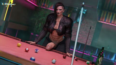 3d billiard_table black_lipstick black_nails cyberpunk_2077 futanari looking_at_viewer muscular_futa penis_out valerie_(cyberpunk_2077) veiny yeetiques