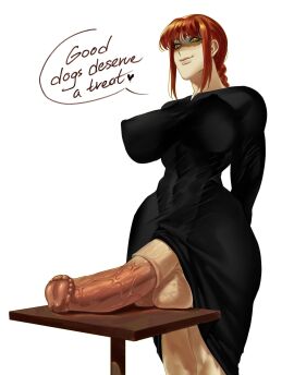 1futa balls bangs big_breasts big_penis bottomless breasts chainsaw_man clothed clothing demon demon_girl dialogue erection female futa_only futanari horse_penis horsecock horsecock_futa huge_balls huge_cock human human_with_animal_genitalia human_with_horsecock intersex large_breasts lesox222 light-skinned_futa light_skin long_hair looking_at_viewer makima_(chainsaw_man) mostly_clothed pale-skinned_futa pale_skin penis red_hair solo standing text thick_thighs wide_hips wide_thighs yellow_eyes