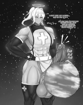 black_and_white cumming_the_world dialogue futa_focus futa_only futanari giant_futa giantess halo intersex macro mogire muscular muscular_futa planet precum tagme