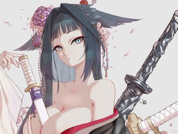 arknights artist_request breasts cleavage feather_hair female hi_res huge_breasts japanese_clothes mio_(arknights) no_bra weapon