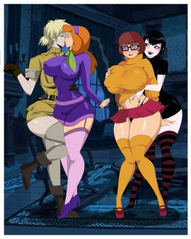 4girls absurd_res absurdres arm_around_waist big_breasts black_hair blonde_hair blushing_female boots breasts brown_hair crossover daphne_blake eastern_and_western_character female female_only ghostlessm glasses grabbing_breasts grabbing_from_behind hellsing hi_res highres hotel_transylvania hourglass_figure huge_breasts kissing large_breasts massive_breasts mavis_dracula multiple_females multiple_girls red_hair scooby-doo second-party_source seras_victoria short_hair short_skirt smug_grin sony_pictures_animation thick_thighs thong tongue_kiss vampire vampire_girl velma_dinkley voluptuous_female warner_brothers yuri zettai_ryouiki