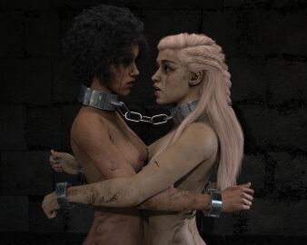 2girls 3d afro blonde_hair bondage bound bound_together captured cell_gaze chained chained_collar chained_cuffs chained_together chained_up chained_wrists chains collar collared daenerys_targaryen defeat defeated defeated_heroine dirty dungeon embarrassed embarrassed_nude_female emilia_clarke enf exhibitionism female female_only femsub filth filthy forced_exposure forced_yuri game_of_thrones handcuffed handcuffed_together handcuffs interracial long_hair metal_collar missandei naked naked_female nathalie_emmanuel nude nude_female nude_princess nudity princess prison_cell prisoner prisoner_woman prisoners shackled shackled_neck shackled_wrists shackles slave slave_collar slave_girl slavery slaves steel_bondage stripped stripped_naked voyeur yuri