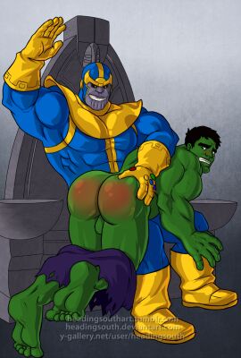 ass backsack balls ballsack black_hair blush bubble_ass bubble_butt cmnm domination feet green_skin headingsouth hulk male male_feet male_only marvel marvel_comics muscles muscular otk_spanking pants_around_ankles punishment spanked_butt spanking thanos watermark