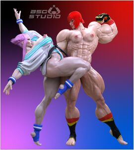 2girls 3d abs biceps breasts bsgstudio busty feet female female_focus female_only fit fit_female full_body hourglass_figure long_hair manon_legrand marisa_rossetti muscles muscular muscular_female nipples pink_hair red_hair street_fighter street_fighter_6 toes toned toned_female wide_hips yuri
